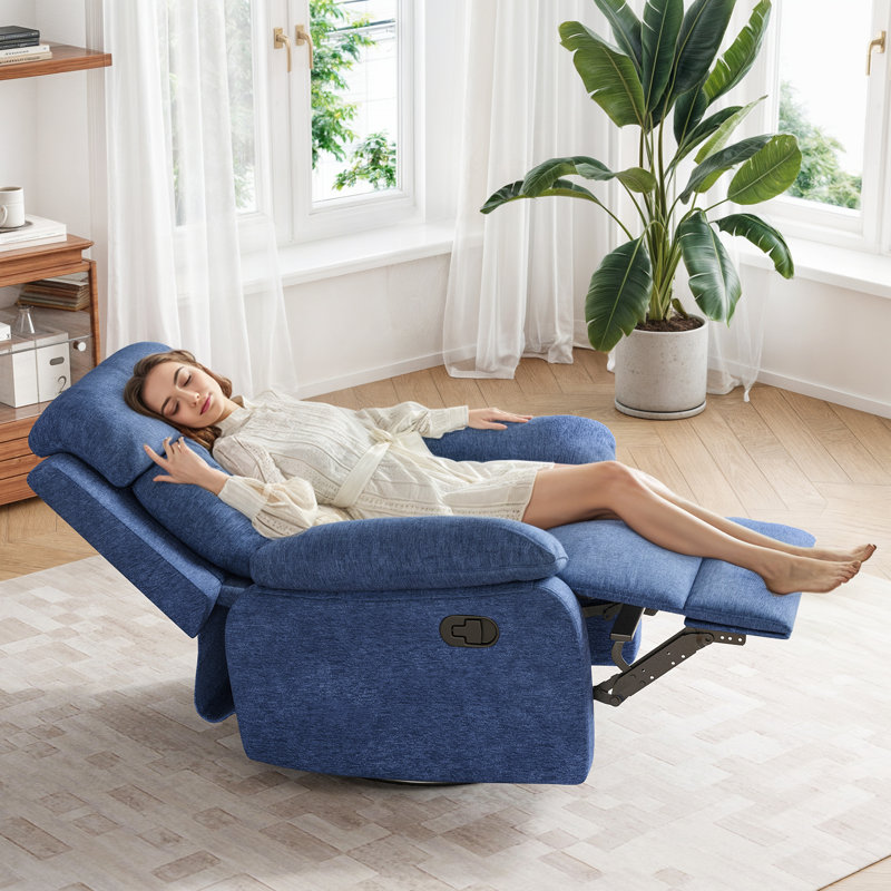 Upholstered Chenille Blue Swivel Rocker Recliner, Blue Chenille