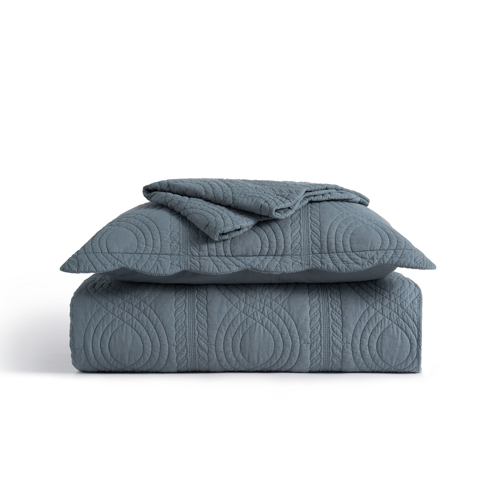 Scallop Edge 100% Cotton Quilt Set, King Quilt + 2 King Shams, Stormy Blue