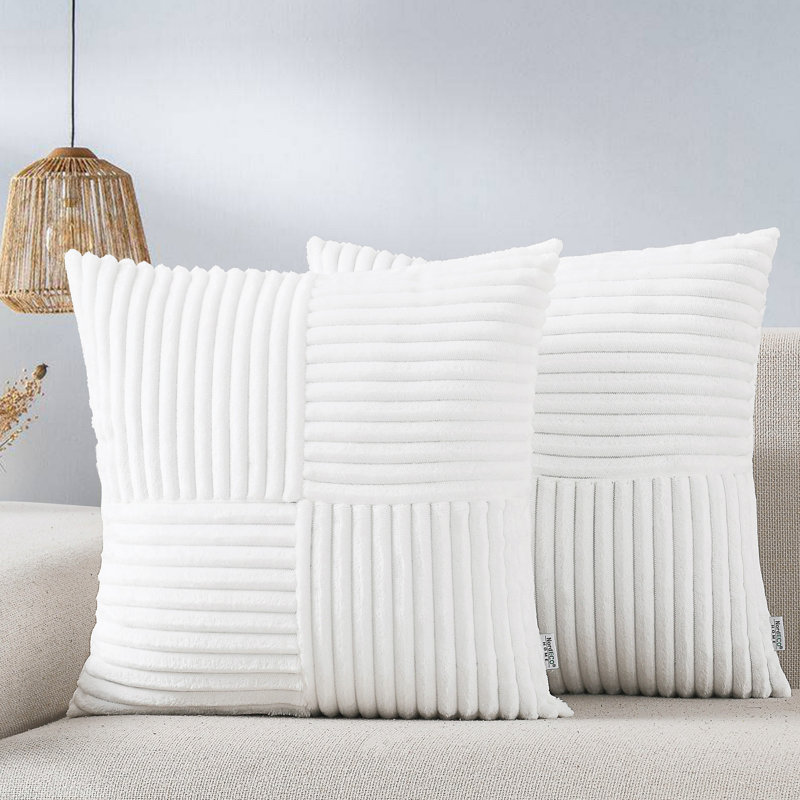 Square Striped Corduroy Soft Flannel Patchwork Pillow Cover, White, 20"H x 20"W