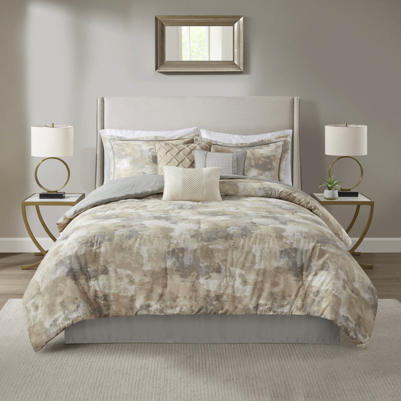 Édredon 7 pièces en très grand gris avec tissu tissé et rembourrage, détails brodés texturés pour le lit de taille, lavable à la machine