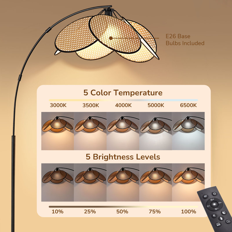 67" Rattan Arched Floor Lamp With Remote Control, Dimmable Bulb Included