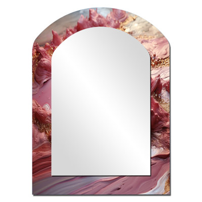 Pink Liquid Gold Harmony - Abstract Shapes Arch Wall Mirror, Gold Asymmetrical Decorative Mirror, Printed Metal Art
