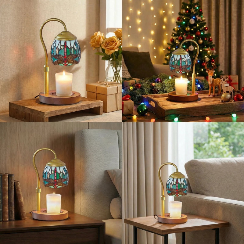 Dragonfly Tiffany Style Candle Warmer Lamp, Adjustable Height Candle Warmer Lamp with Timer and Dimmer, Dimmable Electric Candle Warmer for Scented Wax, Glass Shade, Metal Stem, Wooden Base