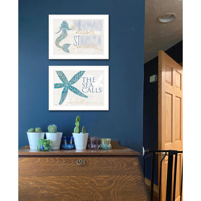 " Starfish Wishes Print - 2 Ready To Hang White Framed Multicolor Paper 1X31 Inches " Art Frame 18.52 In X 31