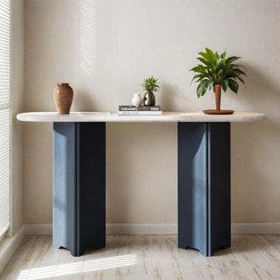Console étroite de 53,92 po, table de vestibule avec plateau ovale en faux marbre, table d'appoint rustique pour entrée et salon
