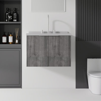24 Inch Floating Bathroom Vanity with Sink, Soft-Close Door, 2-IN Granite White Cultured Marble Countertop Top & Backsplash,Plywood, Grey