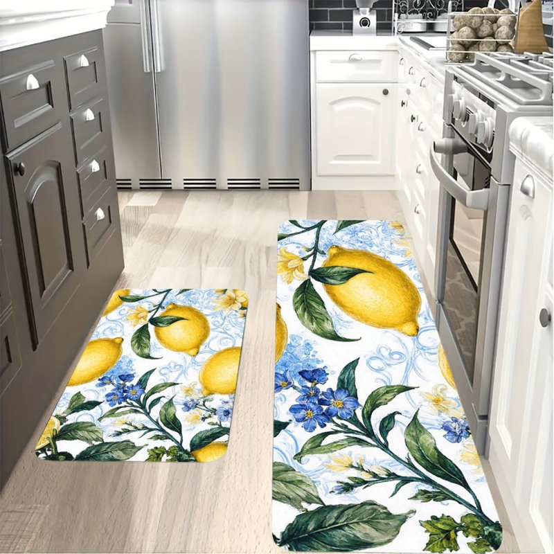 Ensemble de 2 tapis de cuisine antidérapants à motif floral citron et bleu