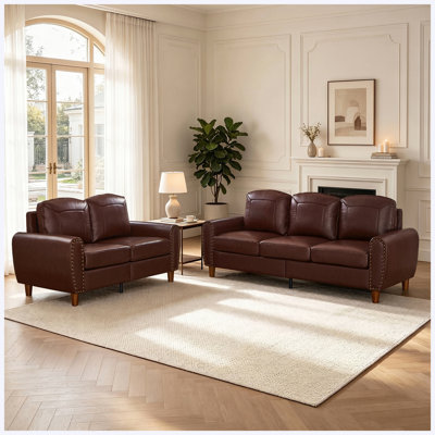 Burgundy Breathable Faux Leather 2-Piece Sofa Set with Rolled Arms & Nailhead Trim