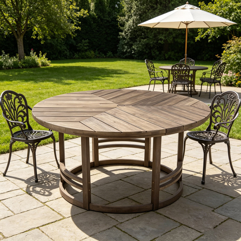 Table de salle à manger ronde en bois d'acacia massif brun rustique avec trou pour parasol, Brun