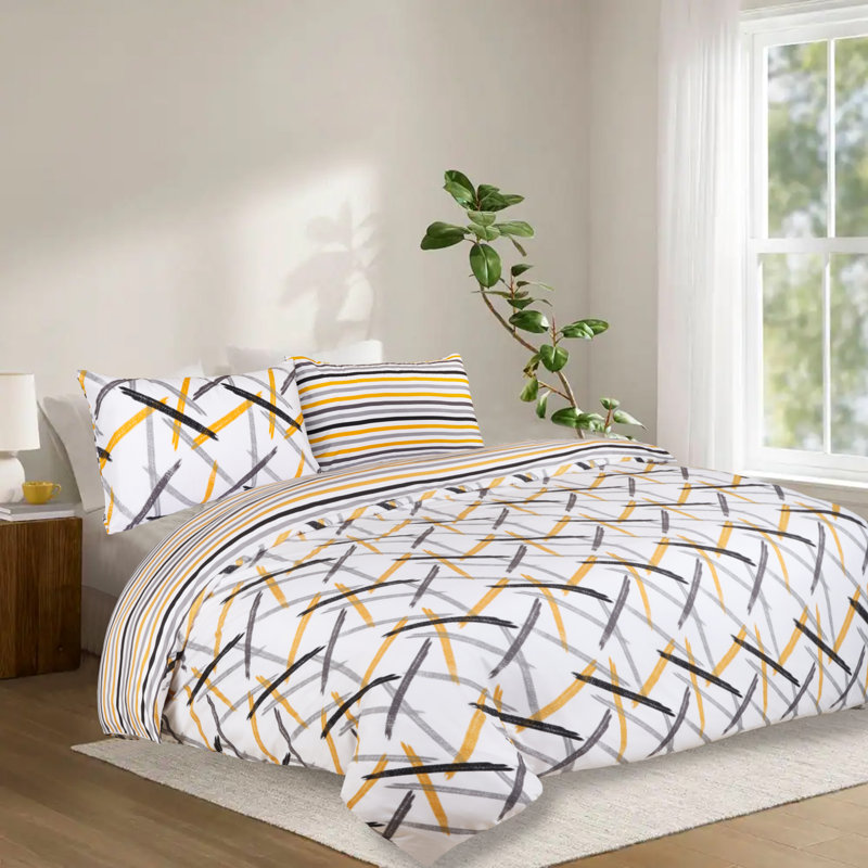 Dual Pattern Reversible Duvet Cover Set – Ultra Soft Brushed Microfiber Bedding with Matching Pillowcases, Ochre Stripe