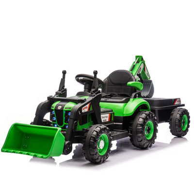 Jouet de tracteur électrique 24V pour enfants avec accessoires de construction 4-en-1 (pelle, camion à benne basculante et bulldozer) avec télécommande pour les parents, réglable à 3 vitesses, lecteur de musique intégré, feu arrière à DEL