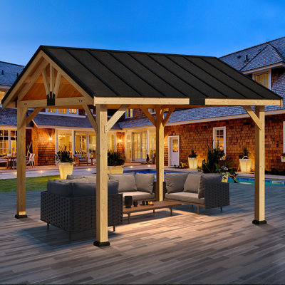Pavillon de jardin en bois d'épinette à toit rigide 11 pi x 12 pi avec toit en asphalte imperméable pour le jardin, le patio, les pelouses et les fêtes