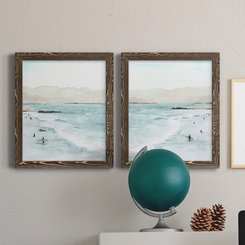 «In The Surf I», ensemble de 2 peintures sur toile encadrées, H 24 po x l 36 po, Toile avec cadre en noyer