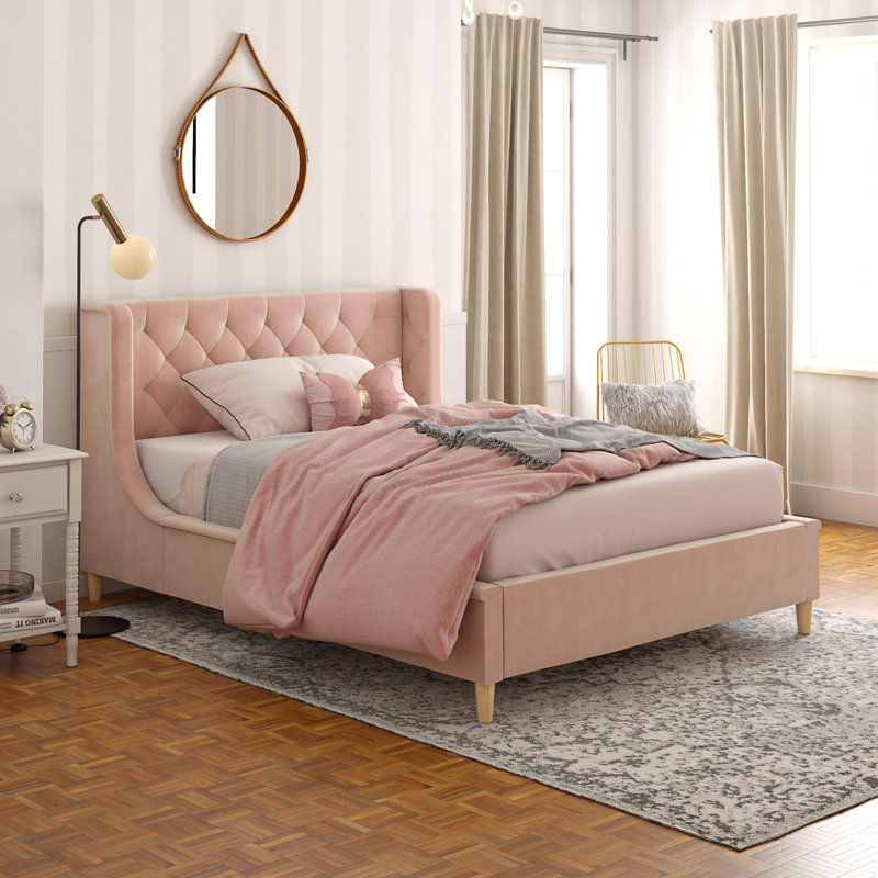 Lit plateforme tapissier en velours, Rose, Twin
