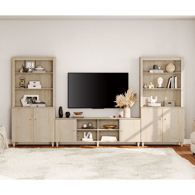 TV Stand And Bookcase Set With Cabinets & Shelves For 75" Tvs, Light Oak
