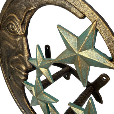 Porte-boyau mural en fonte rustique lune et étoiles, bronze antique, 11,5 pouces de haut
