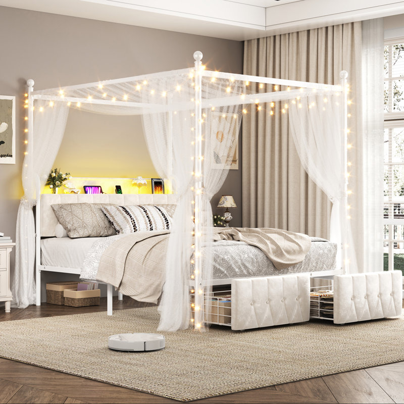 Structure de lit à baldaquin en velours avec tiroirs de rangement, tête de lit réglable, lumières DEL et station de charge USB, capacité de poids de 880 lb, assemblage facile