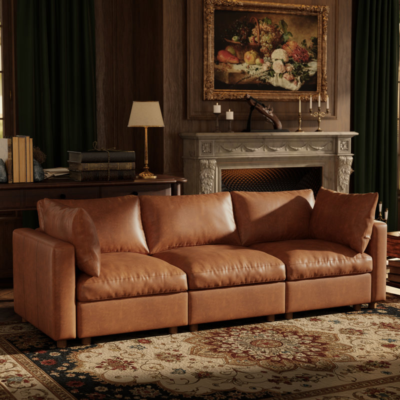 99" Leather Upholstered Sectional Sofa with Hidden Storage, CAMEL, 3Seaters