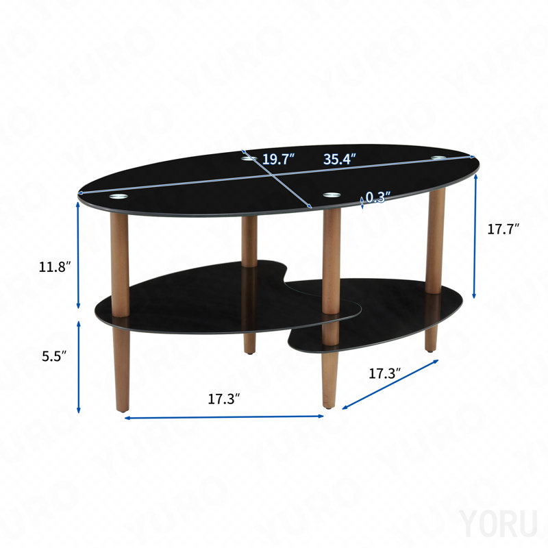 Table basse ovale noire en verre, table de salon moderne avec pieds en chêne et table de thé en verre trempé 3 couches, Black
