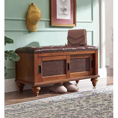 Traditional Solid Wood Shoe Storage Bench with Tufted Seat and Rattan Inserts