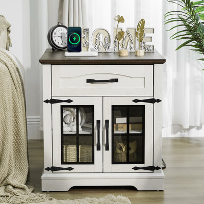 23.6" Square Side Table With Storage For Living Room,Large Nightstand Bedside Table For Bedroom (Farmhouse, White)