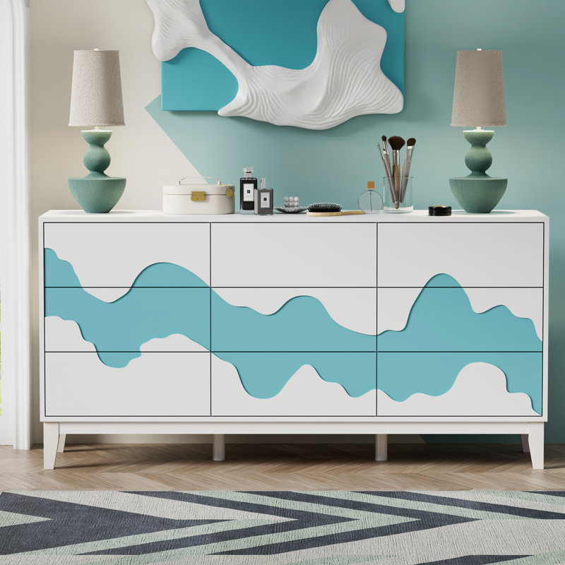 Commode 9 tiroirs l 9 po, Blanc / Bleu