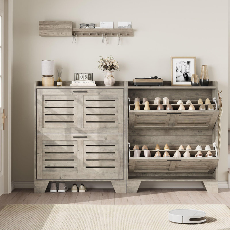 Farmhouse-Style Slim Shoe Cabinet – 2 Flip-Drawer Entryway Organizer with Adjustable Shelves & Hooks, Gray