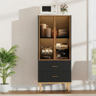 Glass Door Pantry Cabinet with 2 Drawers, Tall Storage Sideboard for Living Room, Black