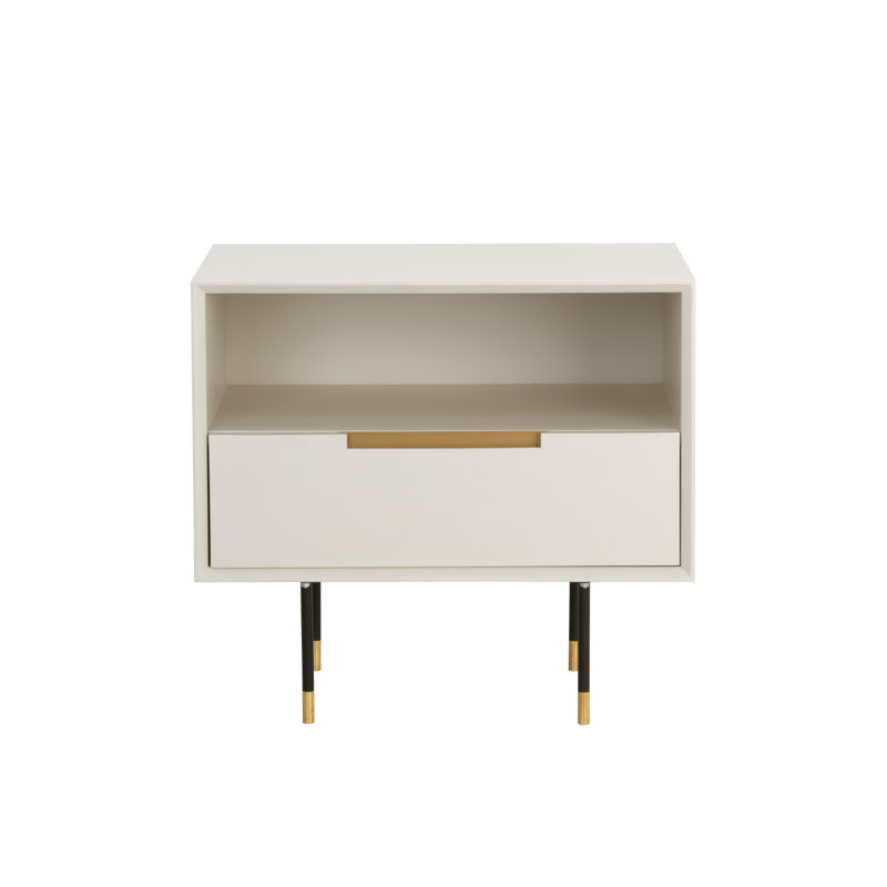 Cream and Black Modern 1-Drawer Nightstand with Gold Accents