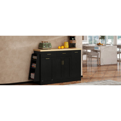 Îlot de cuisine multifonctionnel avec rangement caché pour les ordures, armoire à porte coulissante et étagère à épices à 3 niveaux, noir, élégant bistro à deux tons avec tiroirs lisses inclinables, finition