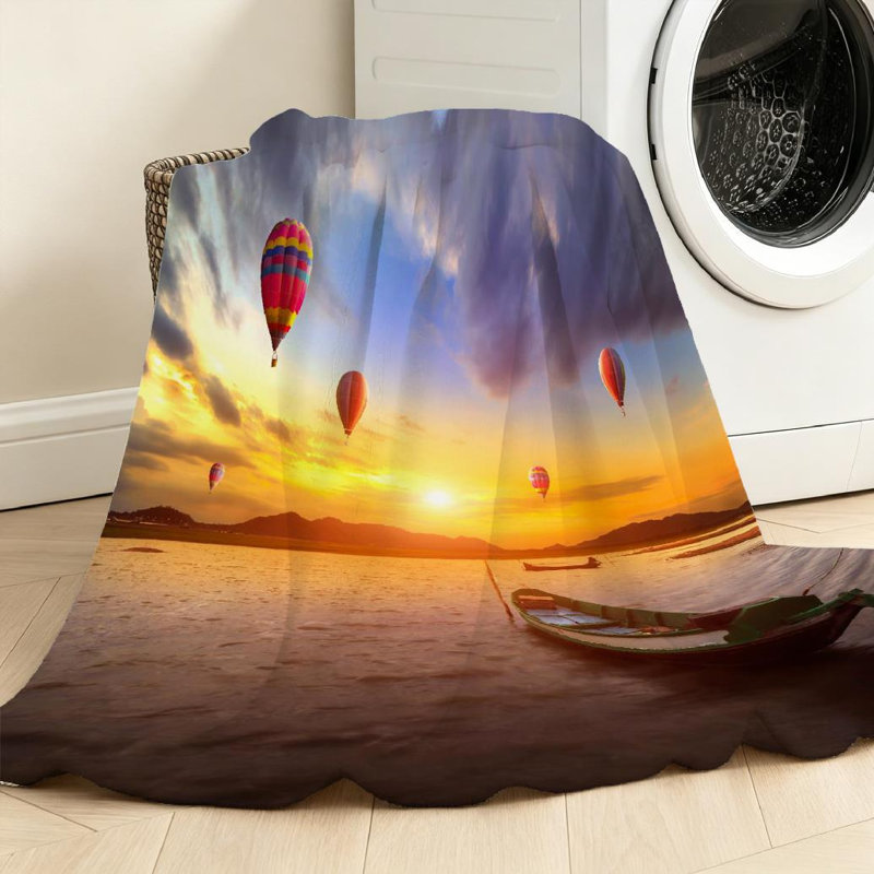 Jeté en molleton orange ultra doux en flanelle orange, imprimé montgolfière coucher de soleil, Throw 40" x 50"