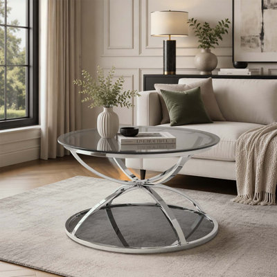 Table basse 31,50 "en verre moderne avec 2 niveaux, cadres en forme d'anneau, finition chromée et verre trempé gris pour le salon, la chambre à coucher et le bureau