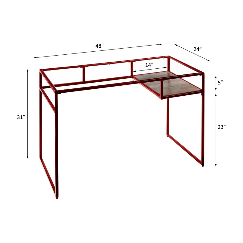 Bureau d'écriture industriel compact avec plateau en verre trempé et tablette de rangement intégrée pour les bureaux à domicile modernes