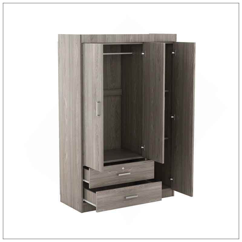 Armoire 3 portes avec 2 tiroirs, effet grain de bois gris, Gris