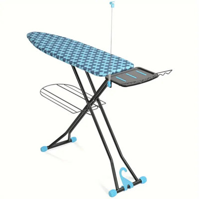 Ironing Board, Metal Panel Ironing Board With Iron Rest, Heat & Scorch Resistant Cover, Adjustable Height Heavy Duty Iron Board With Germent Rack, Blue 13X43