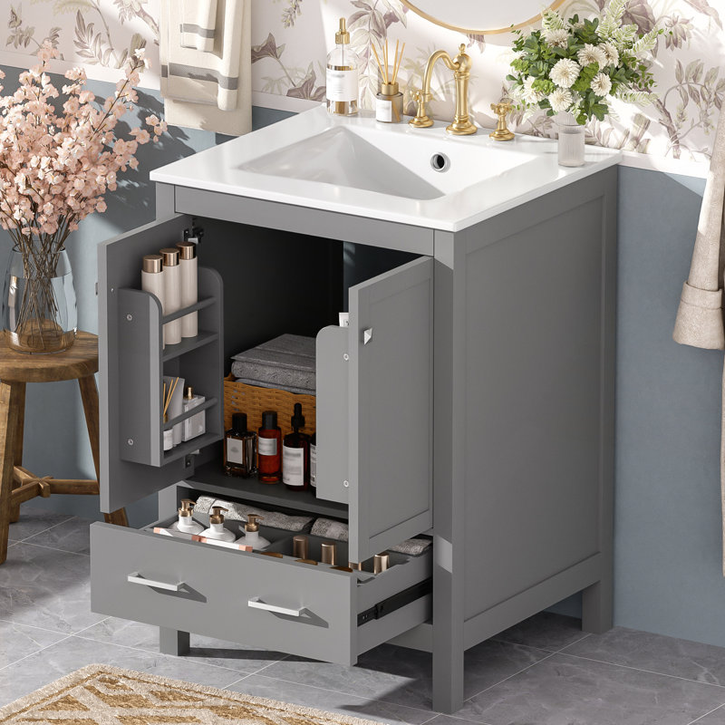 Meuble-lavabo de 24 pouces avec lavabo intégré et rangement polyvalent, avec portes à fermeture en douceur et tiroir pour les salles de bain modernes
