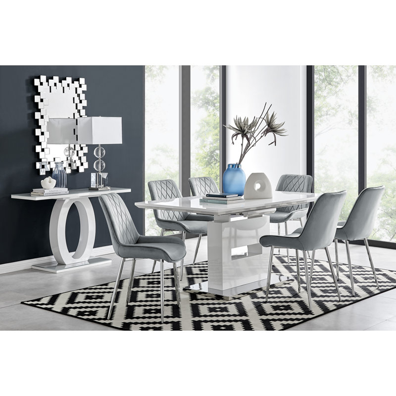 Areza High Gloss Extendable Dining Table Set with Luxury Velvet Dining Chairs, Gray/Silver, 7 Pieces: Table, 6 Chairs