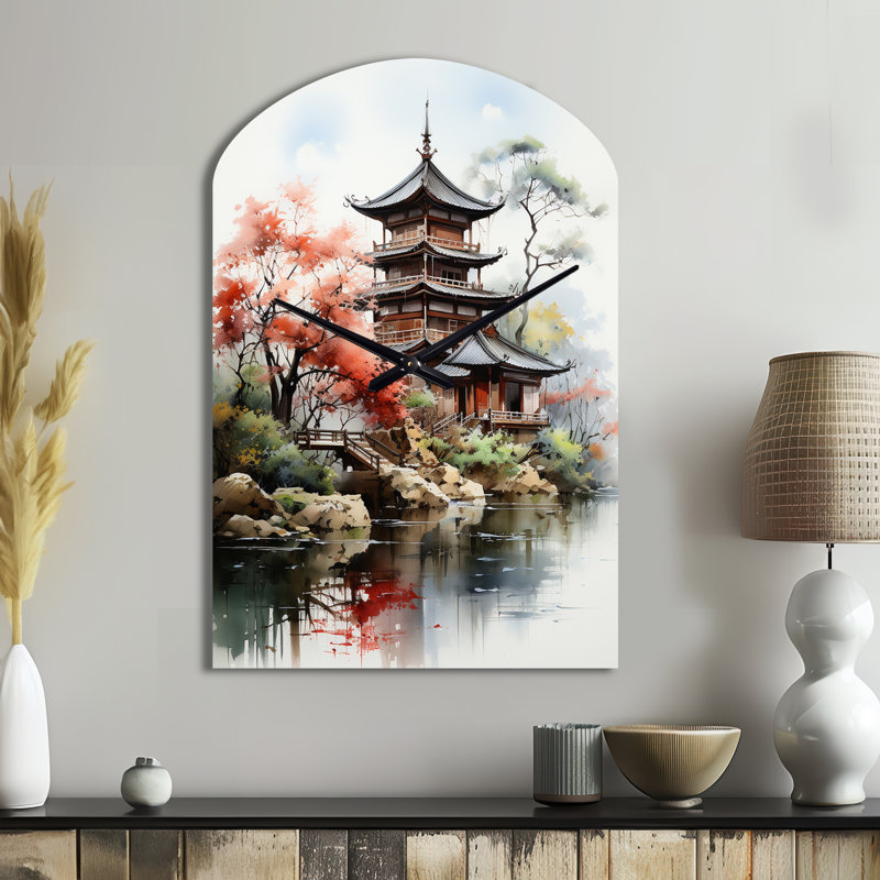 Asian Art Serene Pagoda IV - Art asiatique, horloge murale asymétrique en métal, corail, Moyenne