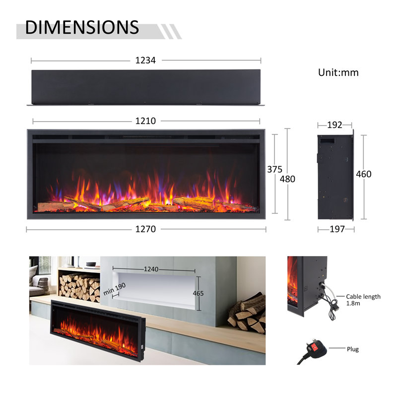 CASTELLO FLAMME Stainless Steel Electric Fireplace Insert, 48cm H x 127cm W x 19.7cm D