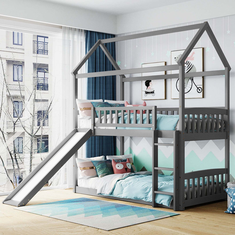 Lit superposé avec glissade, lit maison avec glissade, gris