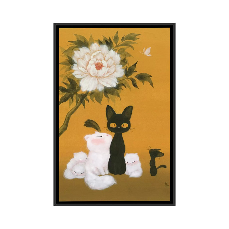 Cats And Peony by Martin Hsu - Painting on Canvas, 152.5 cm H x 101.5 cm W, Black Framed