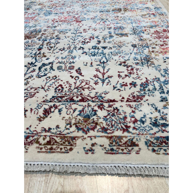 Ivory Machine Made Wool Viscose Faded Floral Border Geometric Modern Contemporary Carpet Rug, 5' x 8'