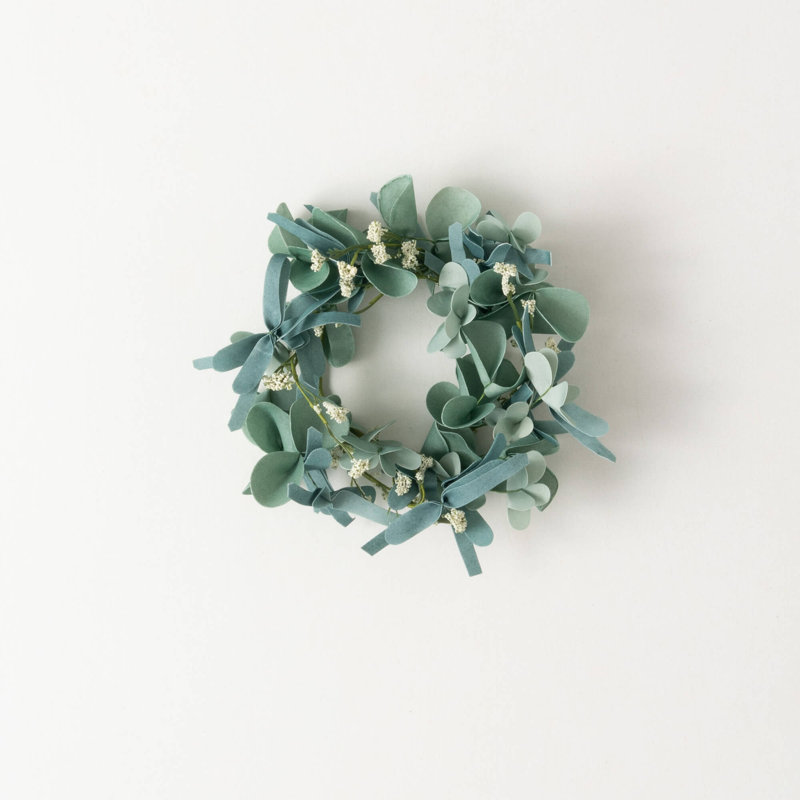 Mini-couronne de bougie artificielle d'eucalyptus et de feuillage H 10,5 po; bleu-vert