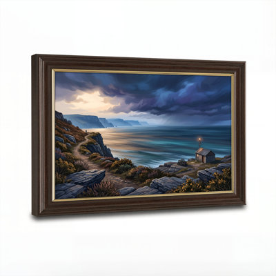 Art mural antique sur toile encadré doré pour le salon, la chambre à coucher, le bureau ou le vestibule - décoration murale décorative avec paysage côtier