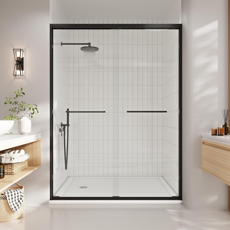 56-60" x 72" Semi-Frameless Double Sliding Shower Door, 1/4" Clear Tempered Glass, Bypass Design with Matte Black Frame