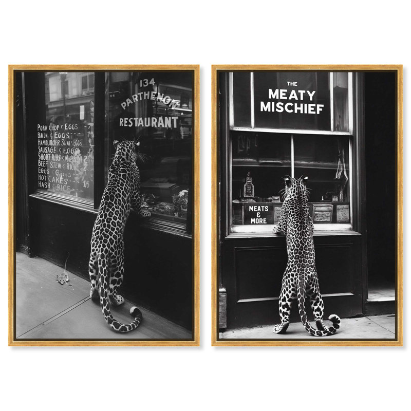 Oliver Gal Meaty Mischief Set Cheetah - Framed Acrylic Glass Wall Art, 55" H x 37" W, Gold