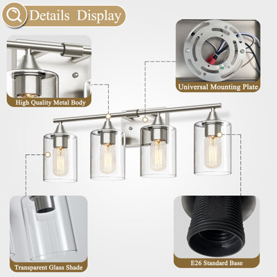 4-Light Brushed Nickel Vanity Light with Clear Glass Shades and Reversible Wall Mount