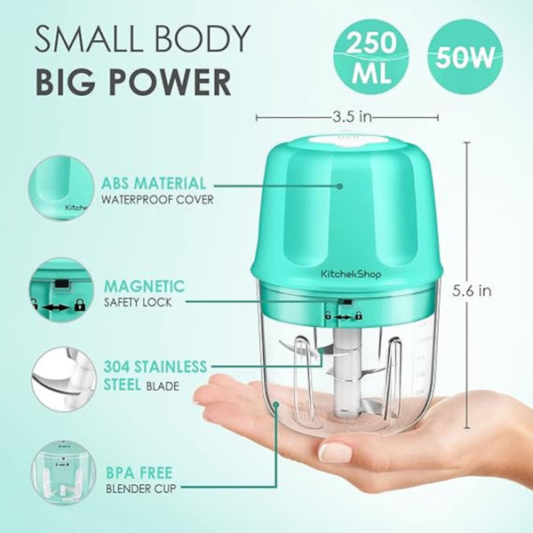 KitchekShop Rechargeable Portable And Cordless Mini Food Processor 250ml  With Stainless Steel Blade, Electric Garlic Chopper Vegetable Chopper  Blender For Nuts Chili Onion Minced Meat And Spices Bpa-free(green)