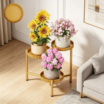 3 Tier Metal Corner Plant Stand for Indoor Outdoor, Heavy Duty Wrought Iron Flower Pot Stand, Foldable Tall Display Rack for Patio Garden, Gold