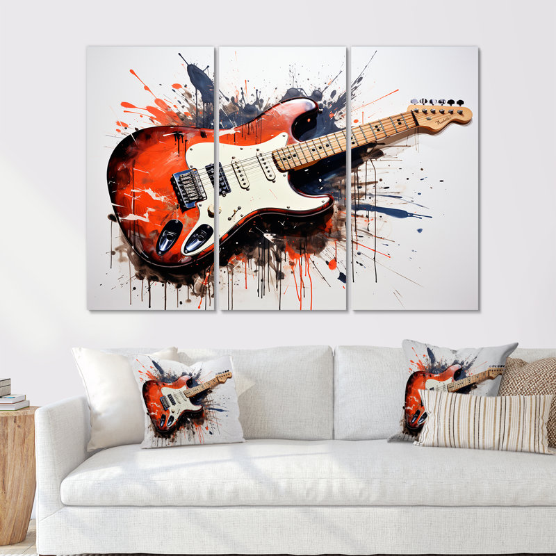 «Red Fluid Brown», guitare, art mural, H 40 po x l 61 po, Toile tendue
